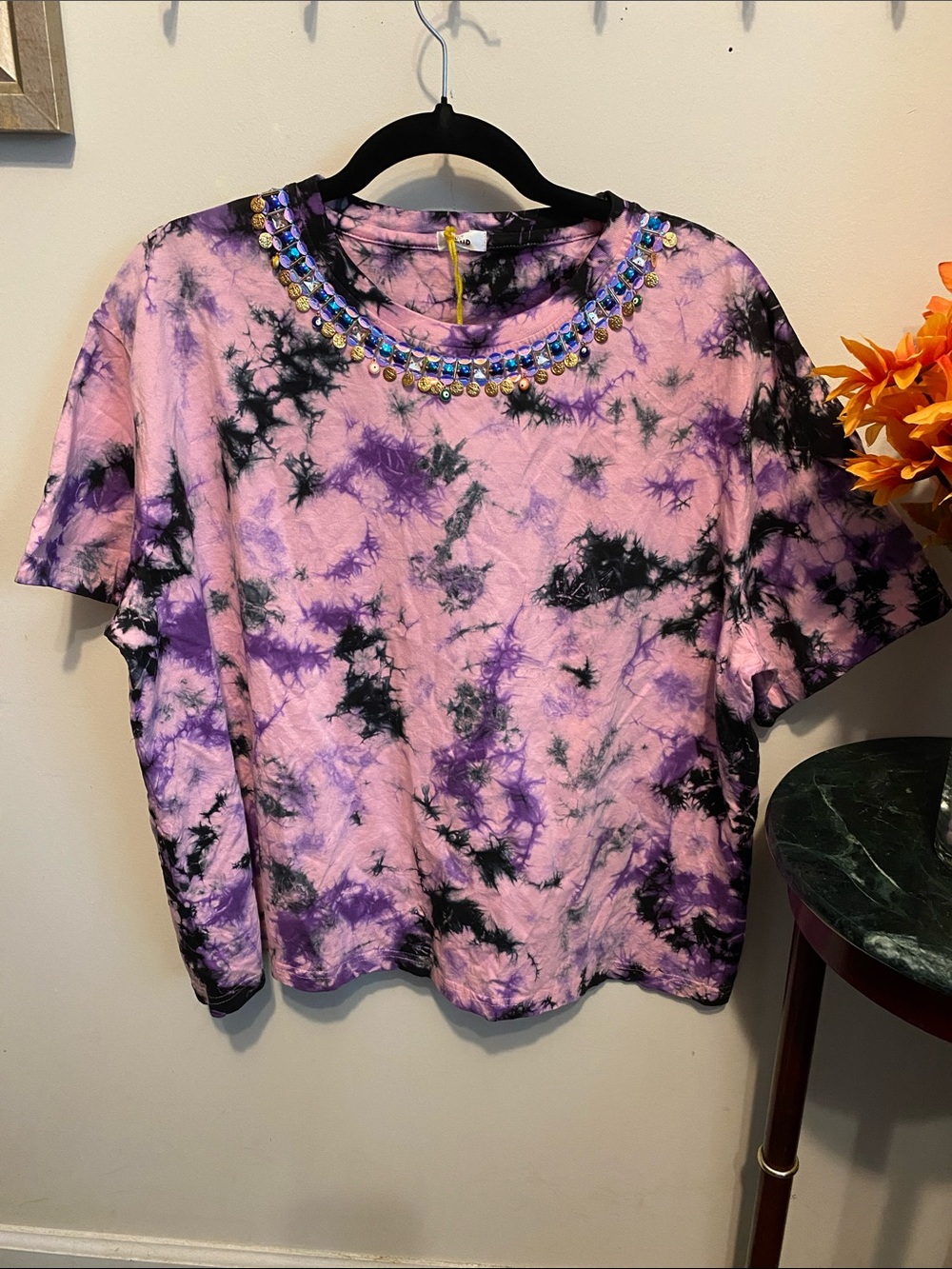 Jungle Jam by Out Loud Embellished Purple Tie-Dye Short Sleeve Top Size Large
